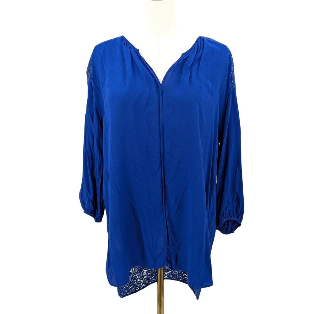 Cobalt Blue‎ Boho Lace Trim Tunic Top Stylus L Flowy Spring Rayon